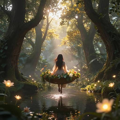 Digital fantasy artwork: A girl with long dark hair, wearing a white dress, holds a floral wreath, walks through a magical forest, sunlight filtering