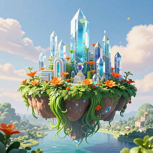 Digital artwork of a floating crystal castle adorned with vibrant orange flowers, surrounded by lush greenery, hovering above a serene river in a sunny, cloud-d