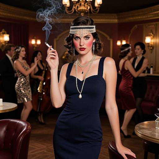 Photograph of a 1930s-inspired, smoky bar scene featuring a woman with dark hair, red lipstick, black dress, and headpiece