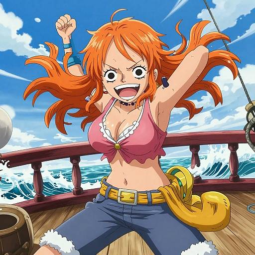 Anime-style drawing of a thrilled, orange-haired woman with large breasts, wearing a pink crop top, blue shorts, and a yellow belt, on a