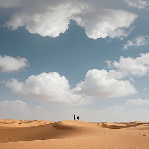 Photograph of two small, dark silhouettes walking on an endless, sunlit desert with undulating sand dunes under a bright blue sky with