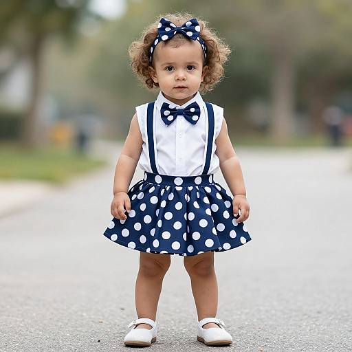 Photograph of a curly-haired toddler in a navy polka dot dress, white shirt, bow tie, suspenders, and white shoes, standing on