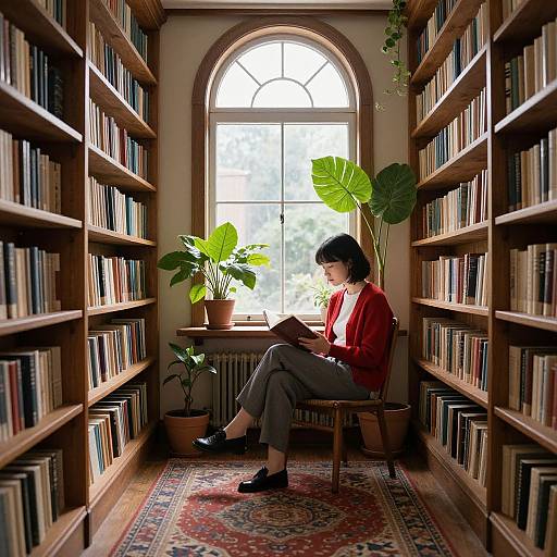 Photograph of a woman with short black hair, red blazer, and gray pants, reading a book in a sunlit, arched-window library
