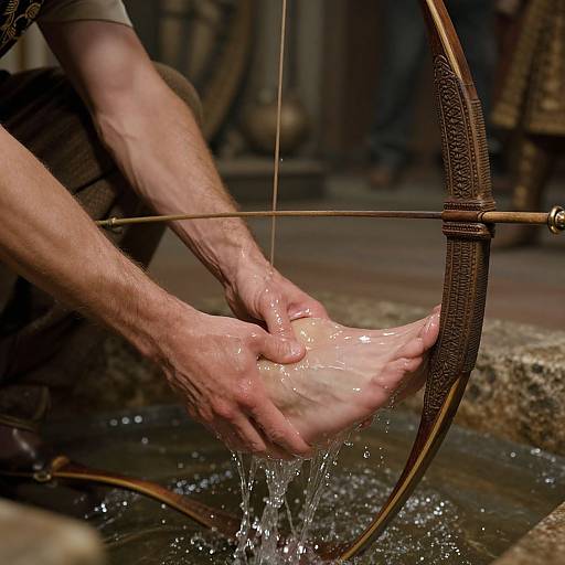 Photograph of a man's hands washing over a wooden bow in a stream, water droplets visible, rustic setting, close-up, detailed texture.