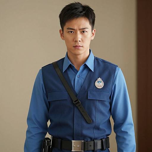 Photograph of an Asian male police officer with short black hair, wearing a blue uniform, badge, black belt, and shoulder strap. Neutral background.
