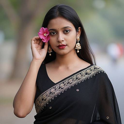 Photograph of a young Indian woman with long black hair, wearing a black saree with gold embroidery, holding a pink flower in her hair, and