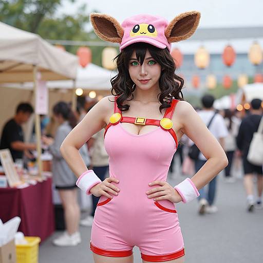 Photograph of a young woman in a pink, cosplay outfit with bunny ears and yellow buttons, standing confidently at a busy outdoor market with blurred stalls and