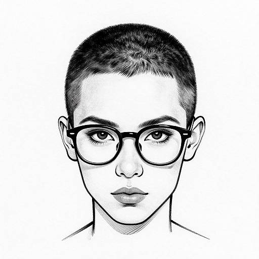 Black-and-white digital drawing of a serious young person with short hair, thick-framed glasses, and neutral expression, centered against a white background.