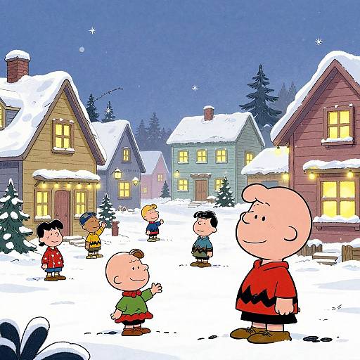 Cartoon-style winter night scene with six children in colorful winter clothes, playing in a snowy village with lit houses. Snow-covered rooftops and stars in