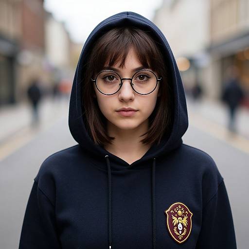 Photograph of a young woman with straight brown hair, round glasses, and black hoodie, standing on a blurred urban street. Hood up, emblem on