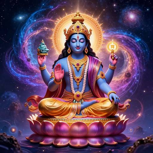 Digital artwork of blue-skinned, golden-crowned Hindu deity seated on a lotus, holding a cup and light, surrounded by cosmic swirls.