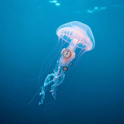 Digital illustration of a glowing blue jellyfish with a clock face on its bell, surrounded by translucent tentacles, floating in a deep blue underwater scene.