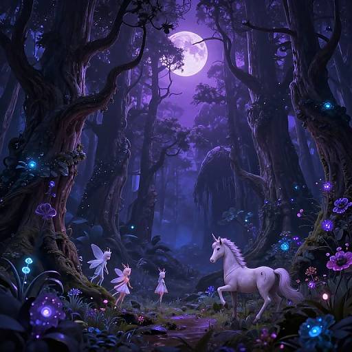 Digital fantasy artwork: Moonlit enchanted forest with glowing blue and purple flowers, white unicorn, and two fairy-like children with delicate wings.