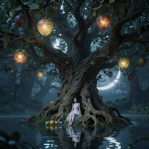 Magical night scene: ethereal woman in white dress sits beneath enchanted, glowing tree with lanterns, apples, and moon, reflected in serene water