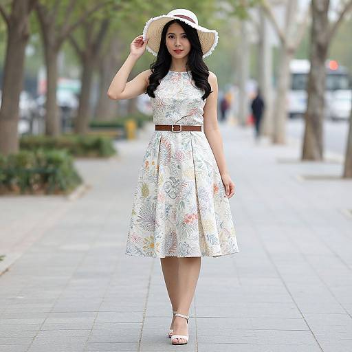 Photograph of an Asian woman with long black hair, wearing a white floral dress, brown belt, white hat, and sandals, walking on a tree
