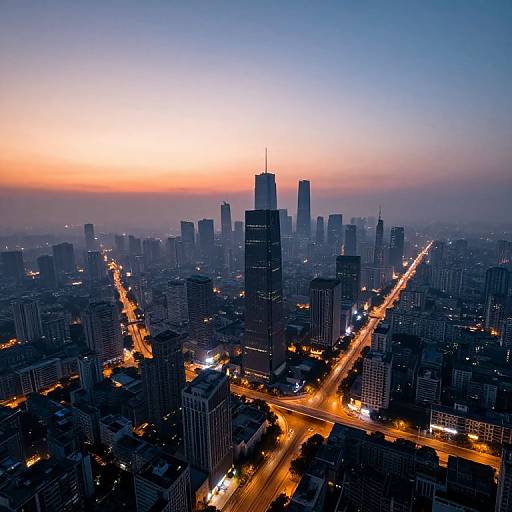 Aerial photograph of a cityscape at dusk, featuring illuminated streets, tall skyscrapers, and a gradient sky transitioning from orange to blue. The
