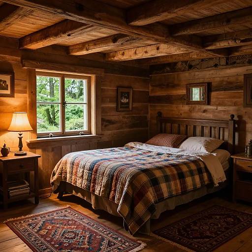 Cozy log cabin bedroom with wooden ceiling beams, plaid-covered bed, lit lamp, patterned rug, window view of greenery, and rustic