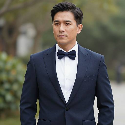 Photograph of a young Asian man with short black hair, wearing a black tuxedo with a white shirt and black bow tie, standing outdoors with