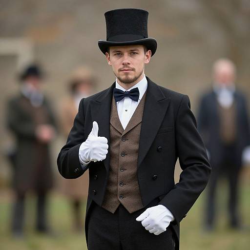 Photograph of a bearded man in Victorian attire, black top hat, white gloves, black suit, brown vest, giving a thumbs-up. Bl