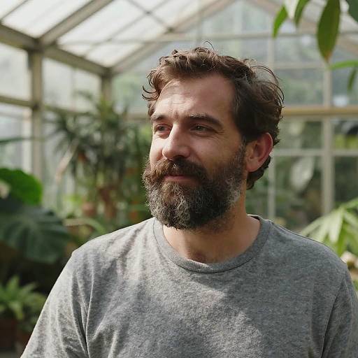 Man with Salt and Pepper Beard in Greenhouse
