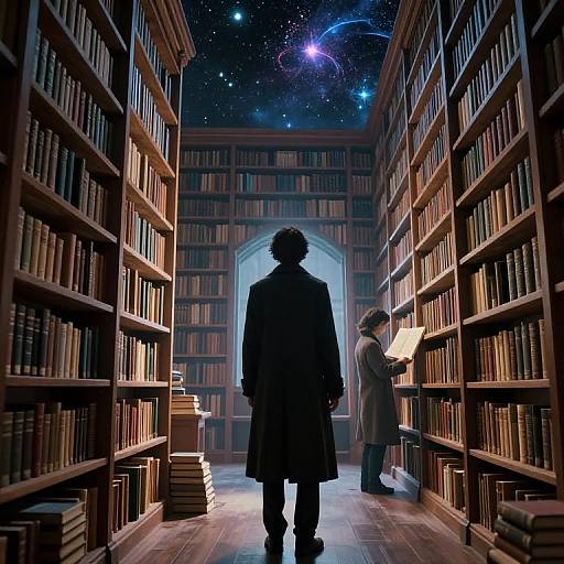 Digital artwork of a dimly lit, starry library aisle with two silhouetted figures, one reading, surrounded by towering bookshelves.