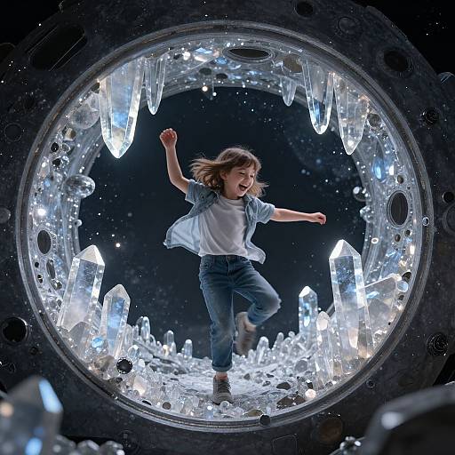 Photograph of a joyful young girl with brown hair, wearing a white shirt and blue jeans, leaping inside a glowing crystal cave with icicle-like