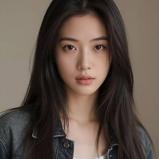 Photograph of an Asian woman with long black hair, fair skin, and brown eyes, wearing a black denim jacket, looking directly at the camera.