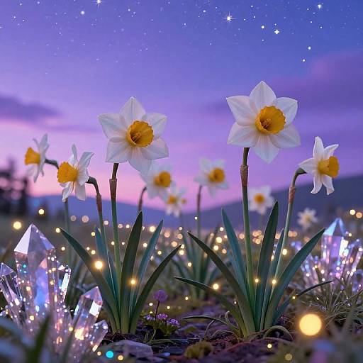 Photograph of white daffodils with yellow centers under a starry twilight sky, surrounded by glowing fairy lights and crystals.