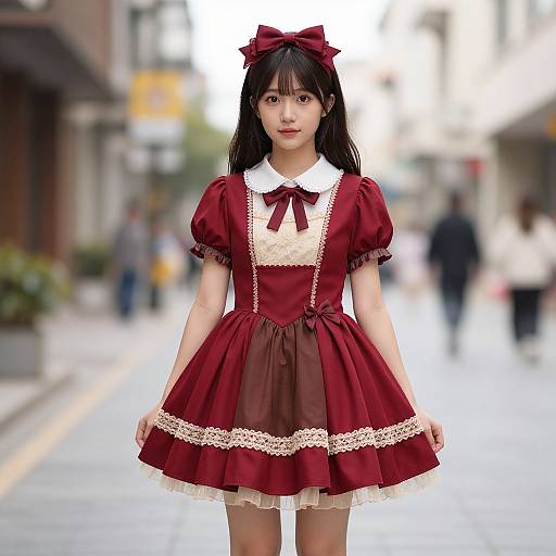 Photograph of an Asian woman with long black hair, wearing a maroon Lolita-style dress with white lace trim, red bow, and white collar