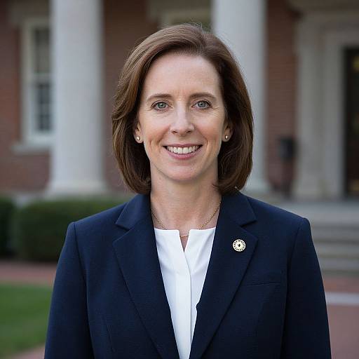Photograph of a smiling middle-aged woman with brown hair, wearing a black blazer and white shirt, standing in front of a red-brick building