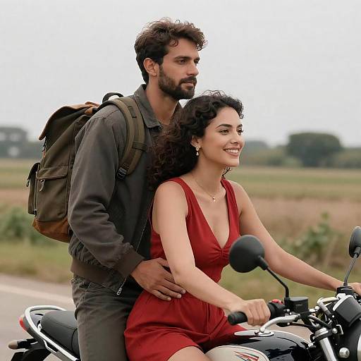 Couple Riding Motorcycle in Rural Setting