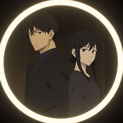 Digital anime-style illustration of a serious black-haired man and woman in dark clothing, back-to-back, framed by a glowing white circular light.