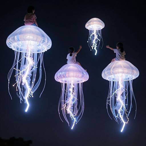 Photograph of four glowing jellyfish with children sitting on them, illuminated against a dark blue night sky, creating a magical, ethereal scene.