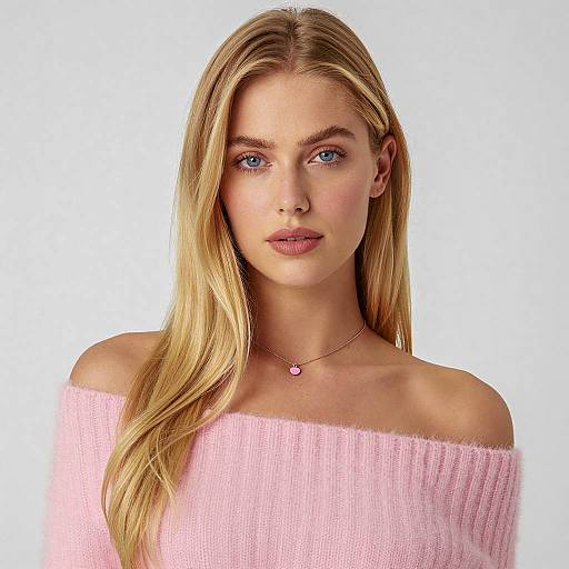 Blonde Woman in Pink Off-Shoulder Sweater