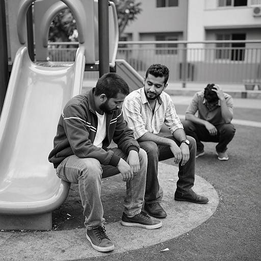 Three Men at a Playground in Black and White