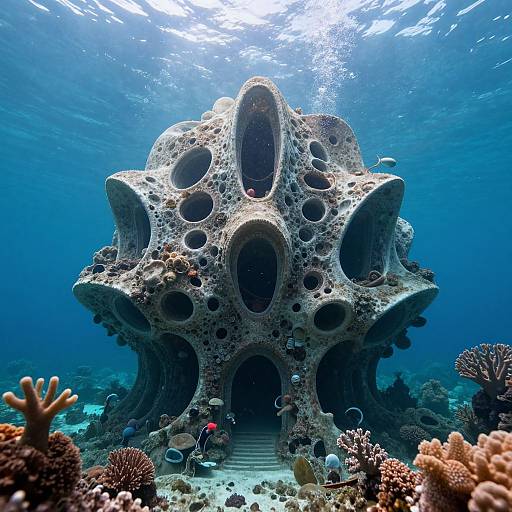 Photograph of an underwater, coral-encrusted, multi-oval chamber structure, surrounded by colorful coral and marine life, bathed in sunlight