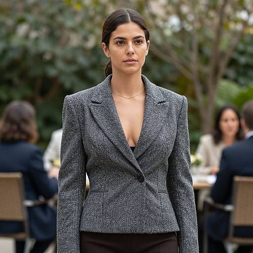 Photograph of a serious, dark-haired woman in a deep V-neck, gray tweed blazer, standing outdoors with blurred background and seated people.
