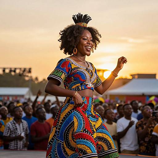 Photograph of a smiling African woman with curly hair, wearing a colorful, patterned dress, dancing at a vibrant outdoor sunset festival.