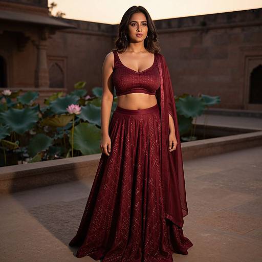 Elegant Woman in Maroon Lehenga at Sunset