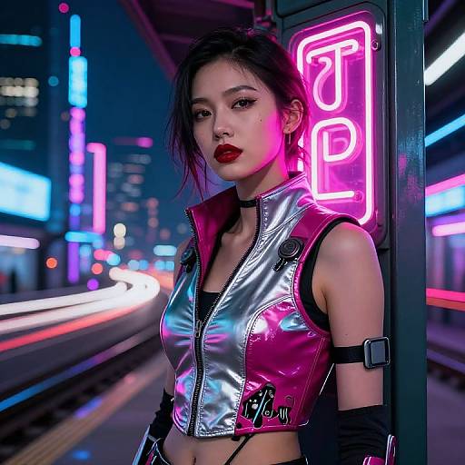 Neon-lit urban night scene: Asian woman with red lipstick, black choker, silver and pink metallic crop top, leaning against neon sign,