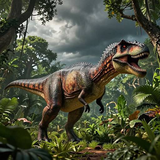 Photorealistic CGI of a fierce, colorful, spiky Tyrannosaurus Rex in a lush, dense jungle with sunlight filtering through the trees.