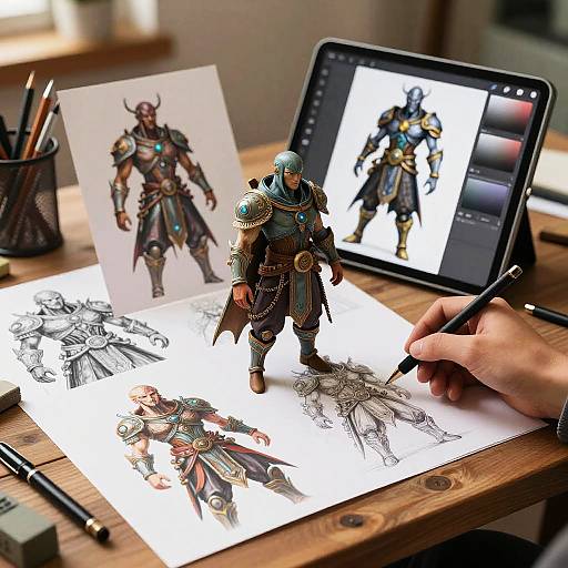 3D Character Sketches on Artist Desk