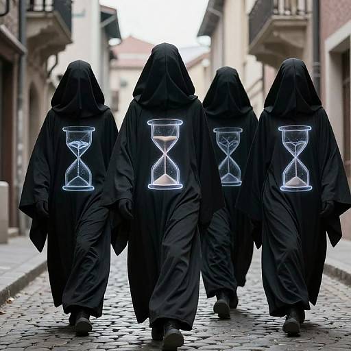 Mysterious Cloaked Figures on Cobblestone