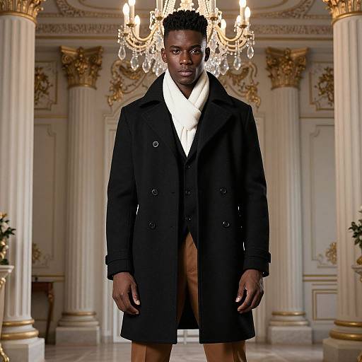 Photograph of a tall, dark-skinned man with short curly hair, wearing a black double-breasted coat, white scarf, and brown pants,