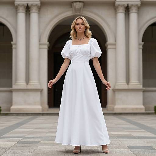 Photograph of a blonde woman in a white, short-sleeved, A-line dress standing in front of a classical stone building with arched columns