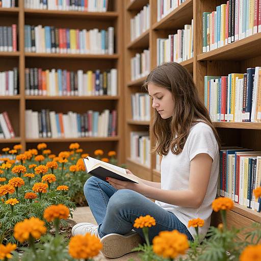 Photograph of a young woman with long brown hair, wearing a white t-shirt and blue jeans, sitting among vibrant orange marigolds, reading a