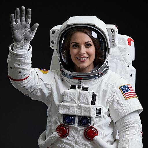 Photograph of a smiling female astronaut waving, wearing a white spacesuit with American flag patch, black background, dark hair visible.
