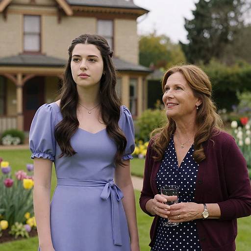 Two Women in Garden with Victorian House