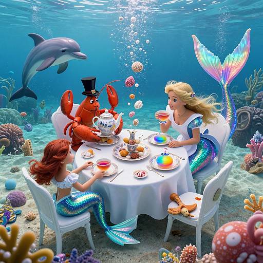 Underwater scene: mermaid blonde woman and red-haired mermaid dine with Mr. Crab in top hat, colorful fish, and dolphin, surrounded by