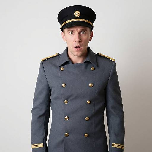 Photograph of a surprised young white man in a navy blue naval uniform with gold buttons and stripes, black hat, against a plain white background.